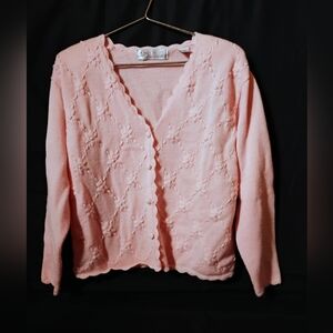Karen Scott Pink Embroidered V‑Neck Cardigan